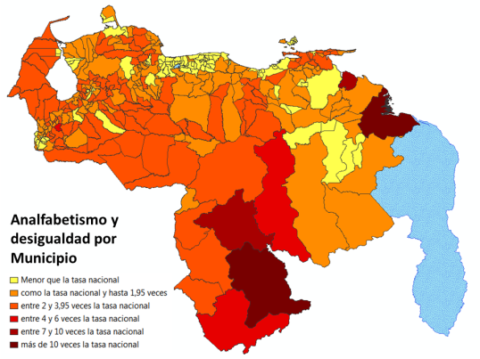 Disparidades territoriales por la distribución de la tasa de analfabetismo por municipio, de acuerdo a los datos del Censo 2011